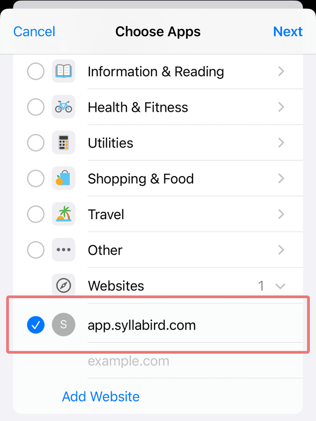 Add Syllabird website to App Limit