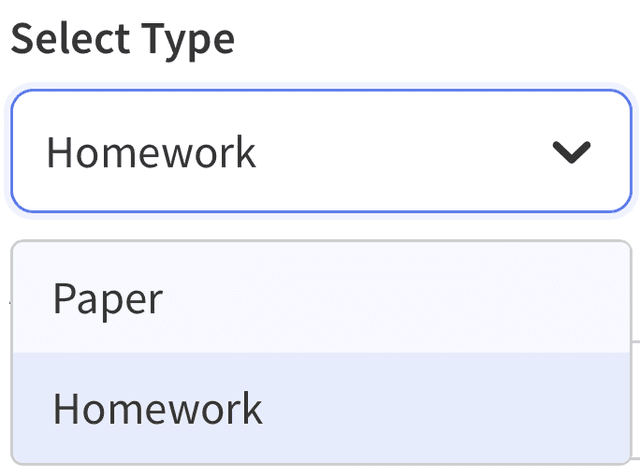 Assignment type dropdown with homework and paper options