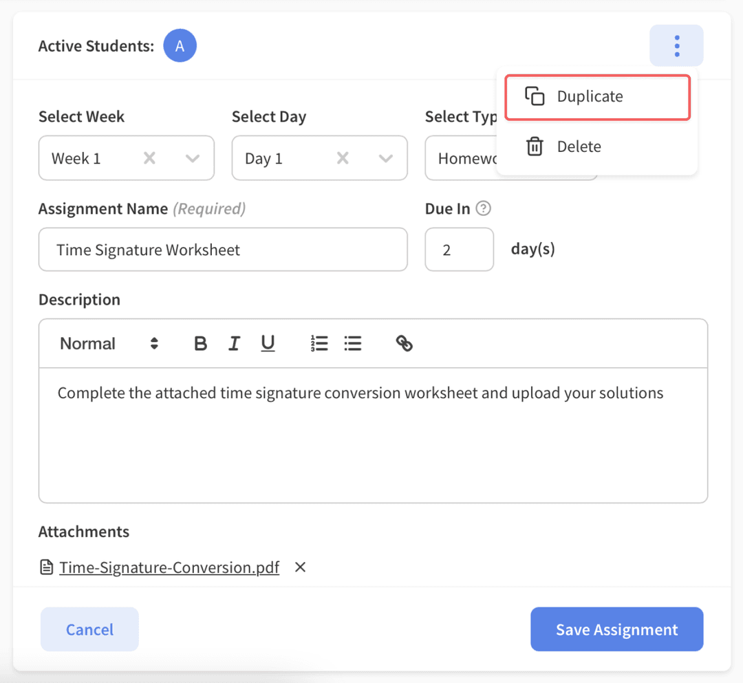 Duplicate Assignment Modal