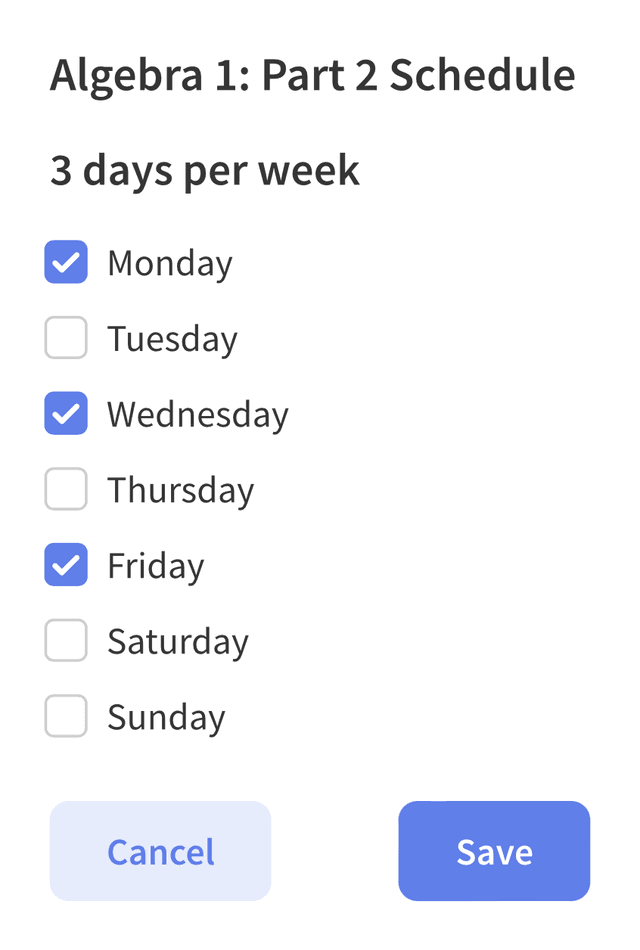 Edit schedule modal with some days selected