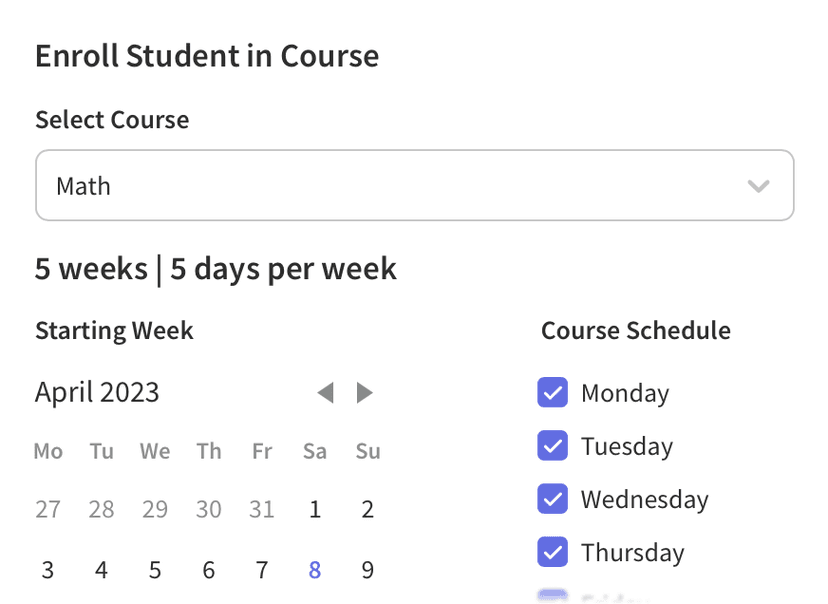 Enroll modal showing a student getting enrolled in a Math course