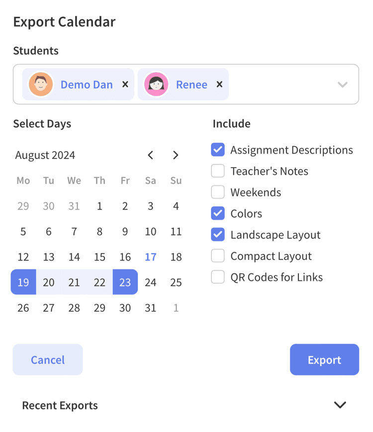 Export calendar modal with options for calendar, students, and formatting