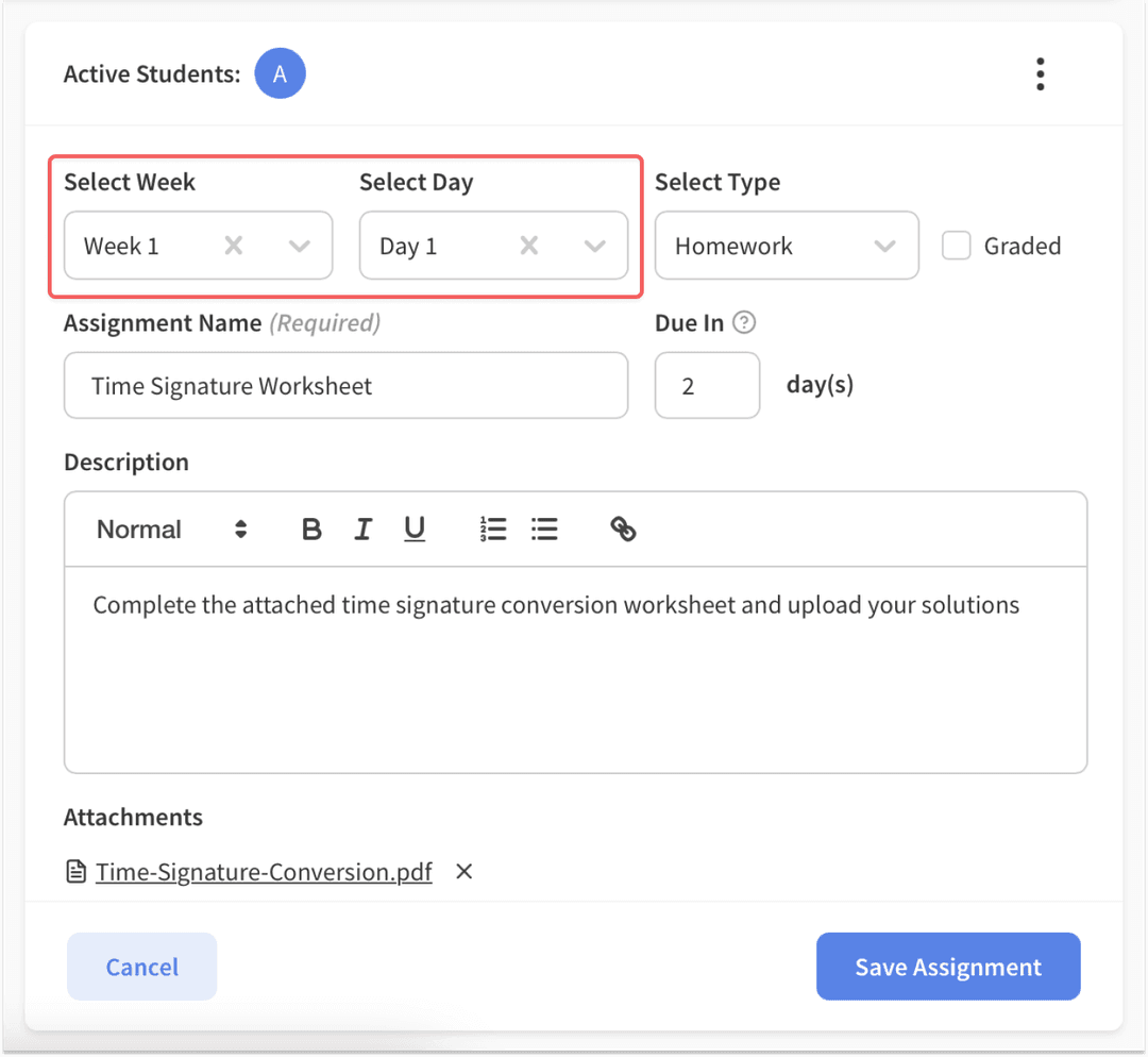 Assignment Details with week and day selectors highlighted