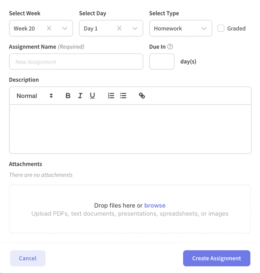 Form for creating a new assignment