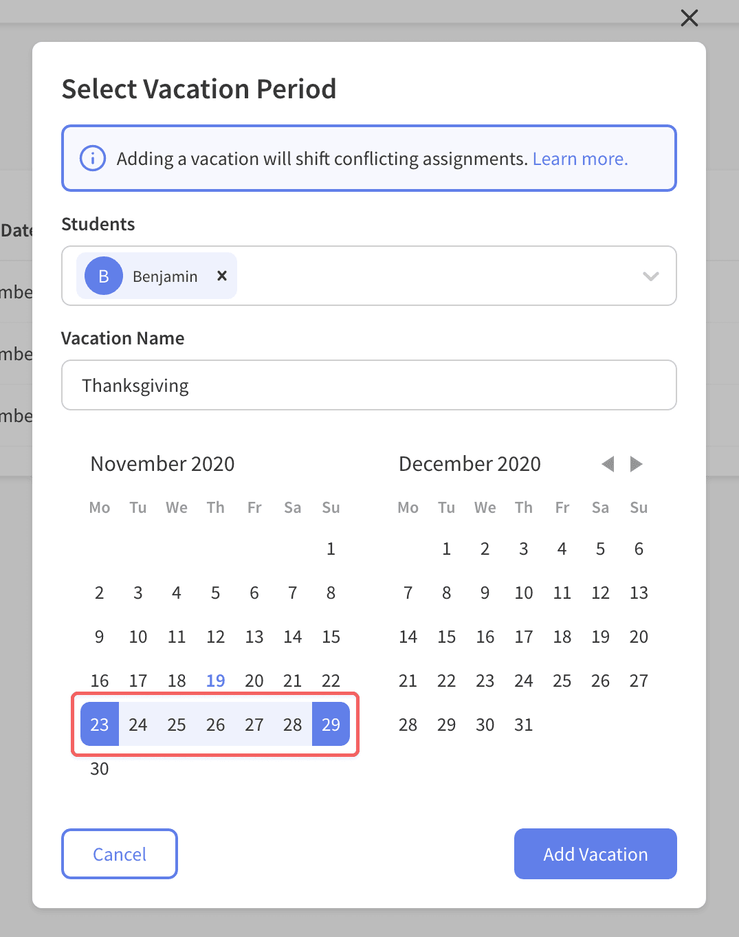 Schedule Vacation Modal