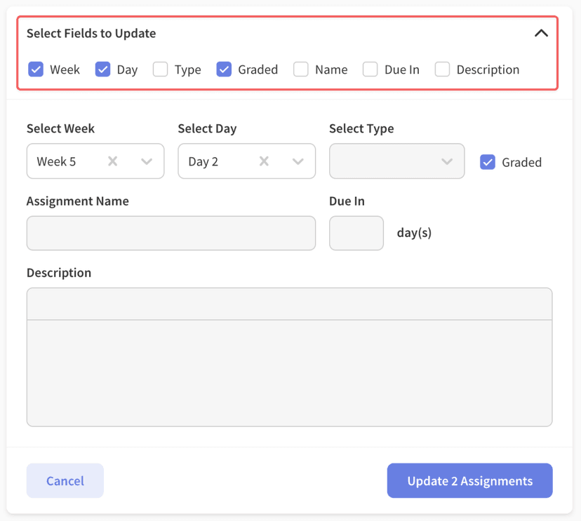 Select fields to update