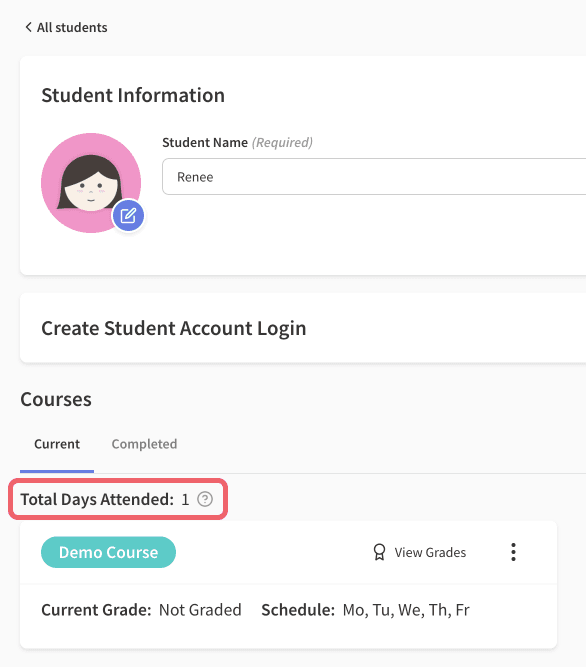 Total attendance days count on student's page