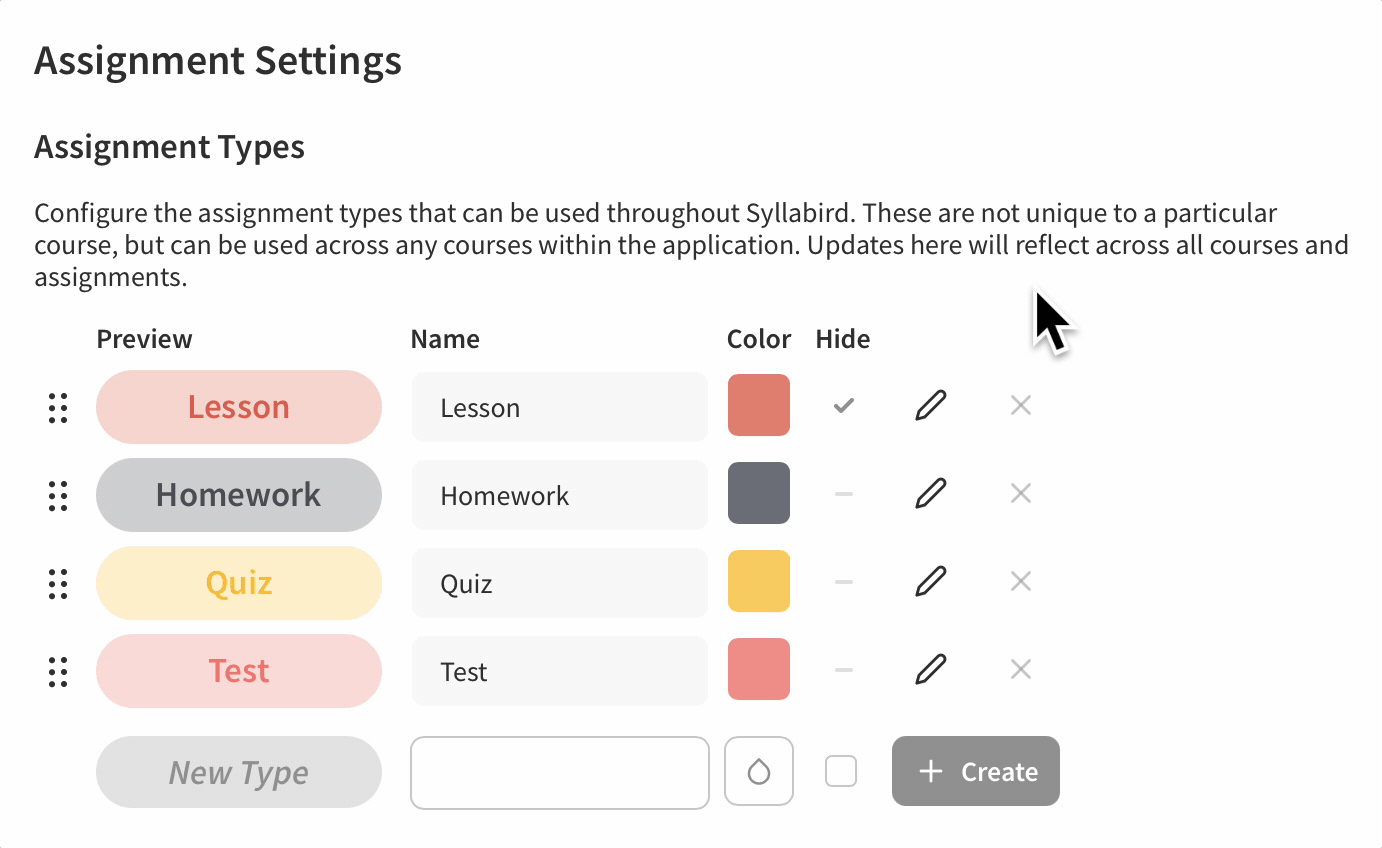 Changing the color of an assignment type by clicking the edit icon